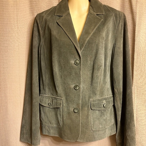 EDDIE BAUER Suede Leather Lined Jacket Blazer Coat Green Women's Large - Picture 1 of 16